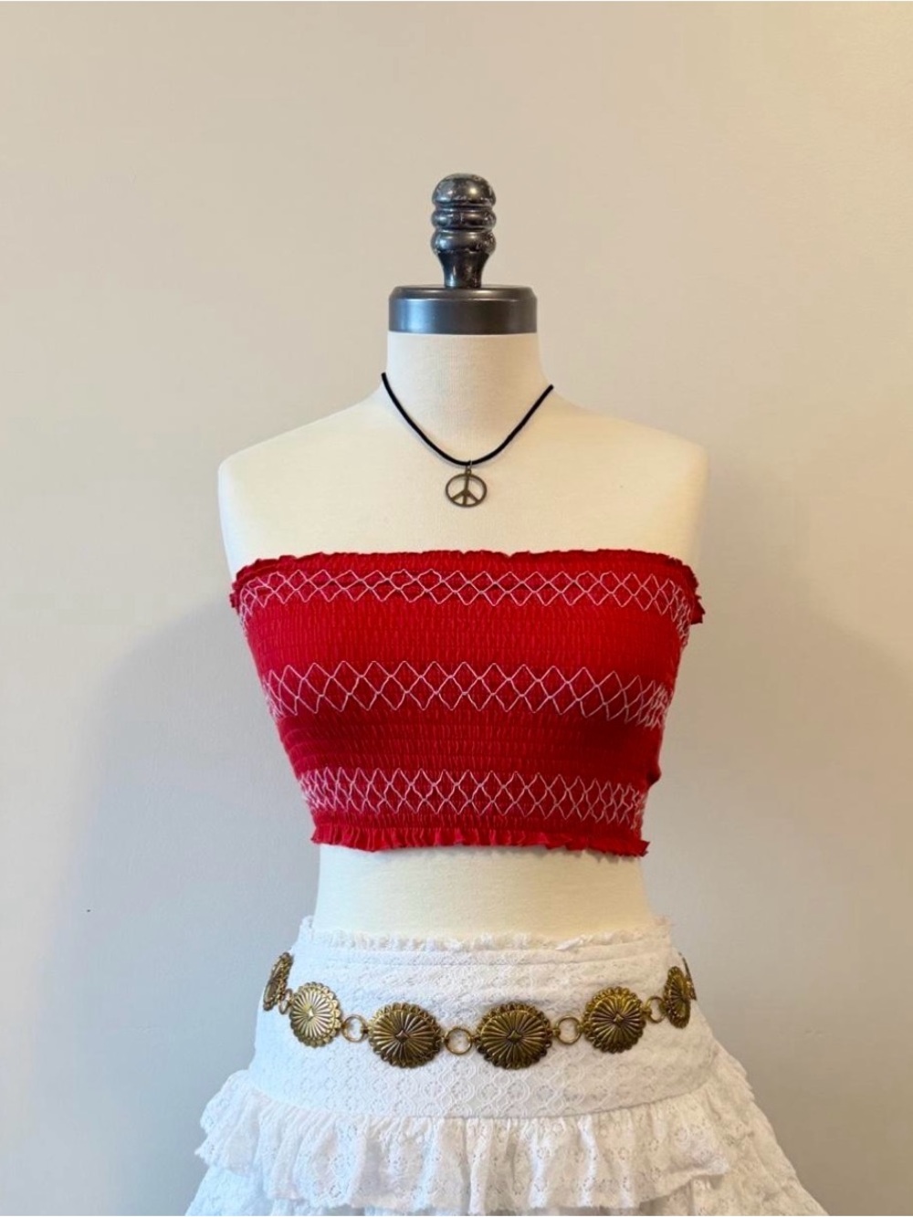 Boho Hippie Summer Red Smocked Tube Top - Women S